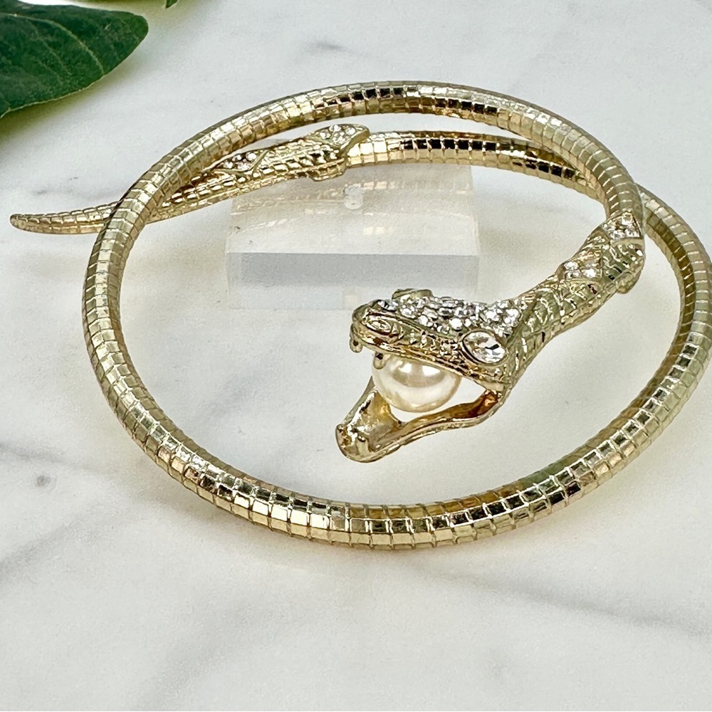 Snake Bracelet Pearl In Mouth Rhinestone Head Coiled Gold-tone Serpent Bracelet - Picture 13 of 13